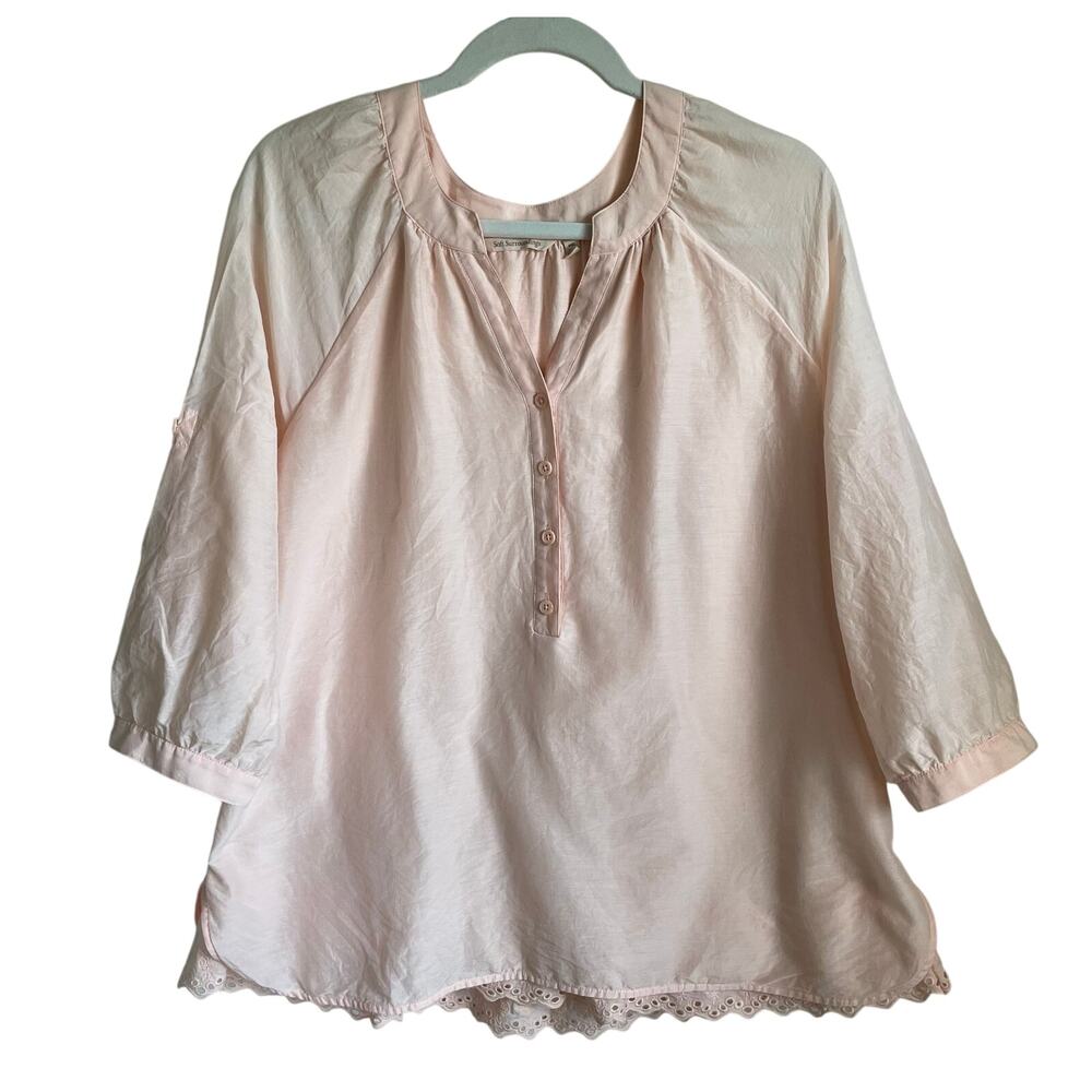 Soft Surroundings Tunic Blouse Sz PXL Cotton Silk Layered Eyelet Hem Pink Fairy